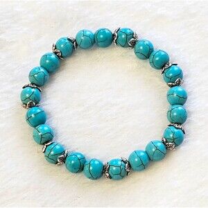 Bohemian Turquoise Howlite Beaded Stretch Bracelet Silver Leaf Flower Spacers 7"